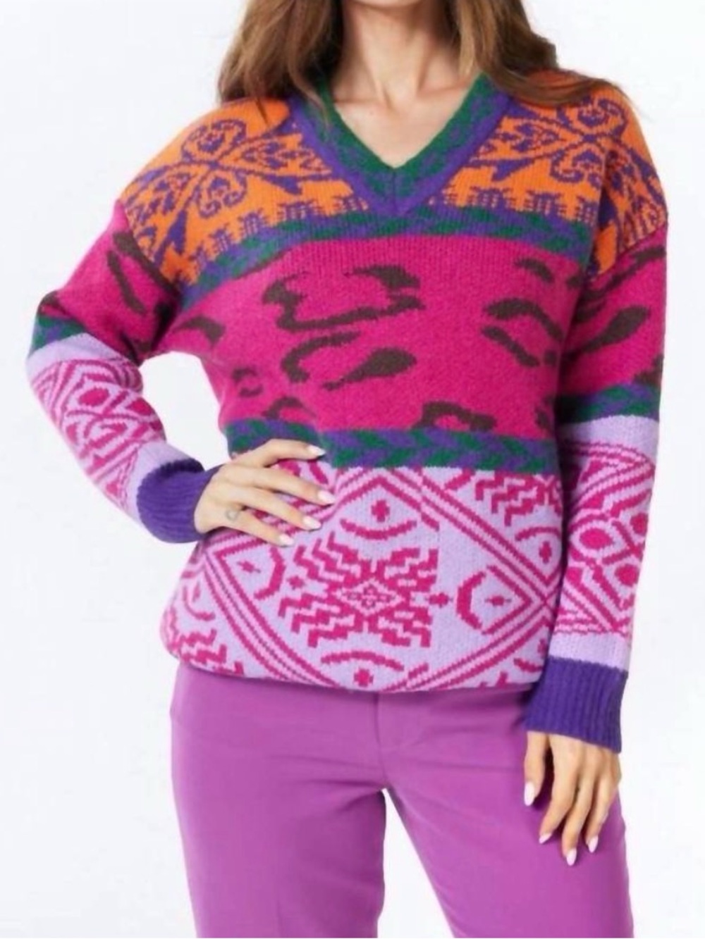 NEW ESQUALO sweater jacquard in fuchsia orange purple size XS